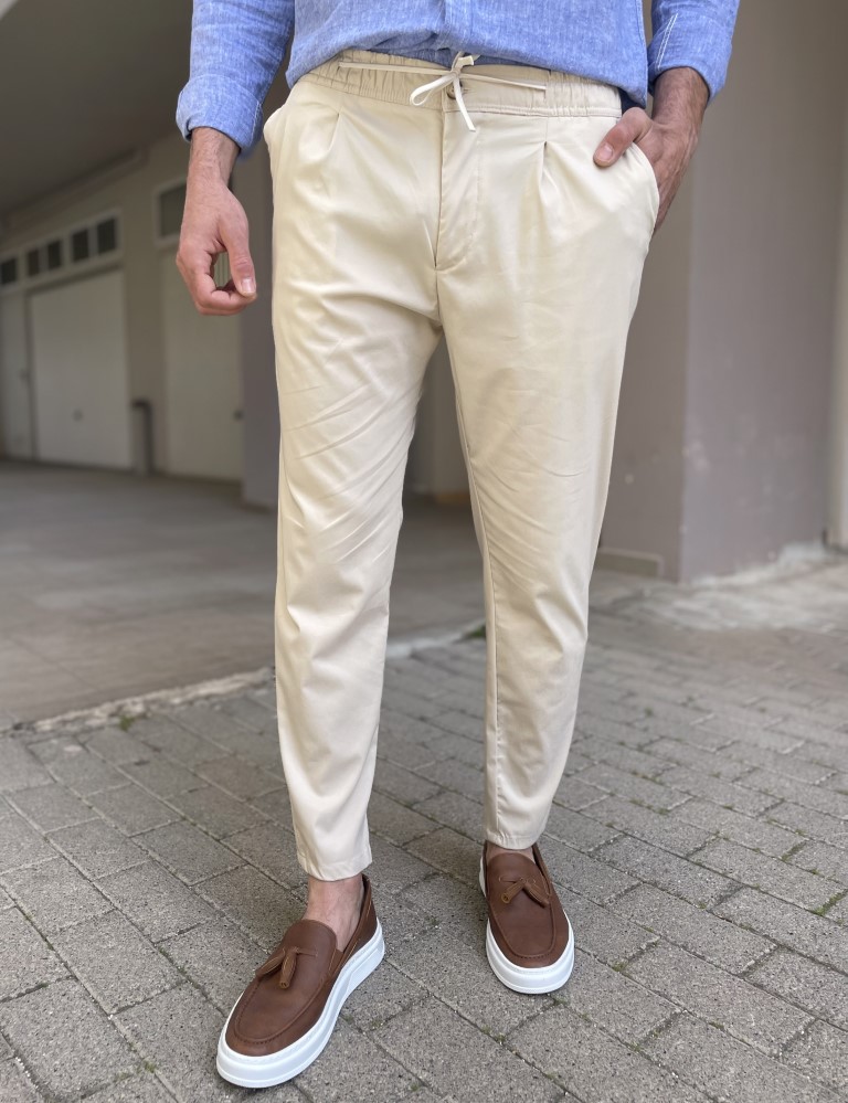 WE11 Ανδρικό μπεζ υφασμάτινο παντελόνι με πιέτα PNT5013B